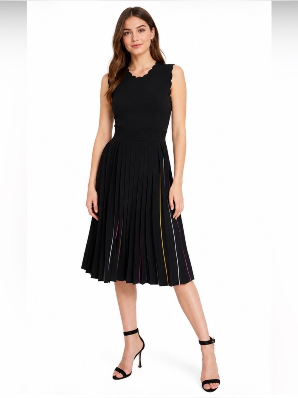 kate spade Black Pleated Midi Dress with Subtle Multicolor Stripe Detail